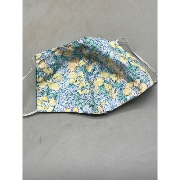 handmade facemask elastic straps for ears reversible yellow blue floral 8" new - Picture 2 of 5